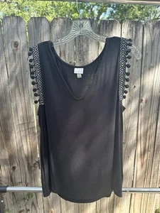 Boho Black Pom Pom Trim Tank – A New Day – Size L - Picture 1 of 4