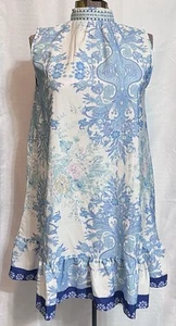 Sleeveless Smocked Neck A Line Floral Paisley Womens S Blue Boho Beachy Summer - Picture 1 of 9