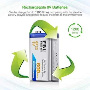 EBL 1Pack 600mAh 9V 6F22 Lithium-ion Rechargeable Batteries 9 Volt High Volum - Picture 1 of 9