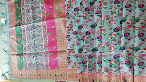 Pashmina Silk Kani  Weaving Handloom Saree Blue with Unstitched Blouse - Picture 1 of 16