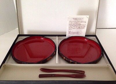 JAPANESE CHERRY BARK WORK HANDMADE LACQUER Two Plates Two Forks • 49.99$