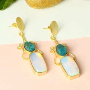 22k Matte Gold Plated White Opalite And Apatite Birthstone Everyday Wear Earring - Picture 1 of 6