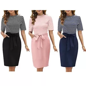 Women's Dress Short Sleeve Striped Midi Mock Neck Casual Wear - Picture 1 of 14