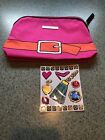 Estee Lauder Pink Zip Up Cosmetic Bag With Orange Belt Print Around Bag 