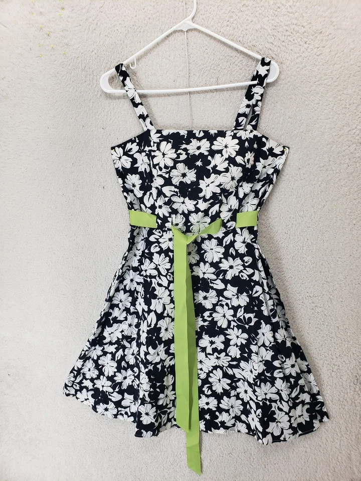 Vestido Ellen Tracy Mujer 12P Negro Blanco Floral Algodón Línea B A Forrado con Cinturón K L Foto 1 de 4