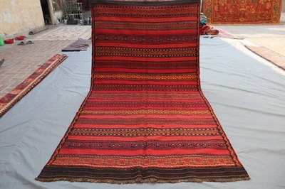 Kilim Baluchi Afgano 5x9 - Tejido plano tribal a rayas en rojo ardiente, negro y naranja Foto 1 de 4
