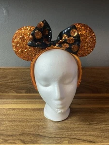 Disney Parks Halloween Orange & Black Sequin Minnie Ears Headband - Picture 1 of 4