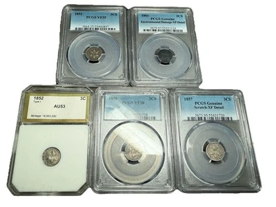 1852 1851 1857 1861 1858 3cs 3 Cent Trime Collection Lot Pcgs PCI Vf Au Xf - Image 1 of 4