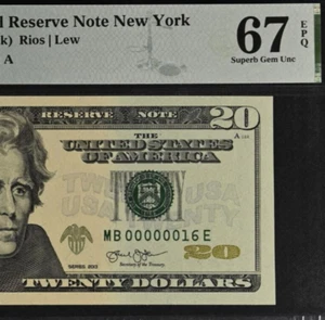 2013 $20 Federal Reserve Note PMG 67EPQ Superb Gem Low Serial Number 00000016 - Picture 1 of 3