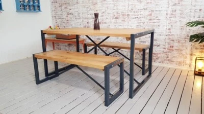Limited Edition Rustic Oak Industrial Dining Set Table & Benches Anthracite Grey - Image 1 of 4