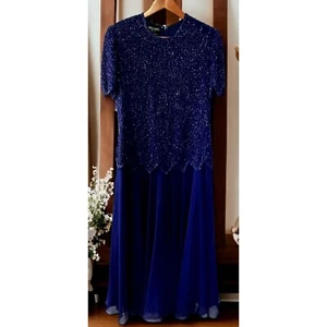 Brilliante by J.A. Blue Beaded Formal Dress Vintage Size Large Evening Wear Gown - Picture 1 of 10