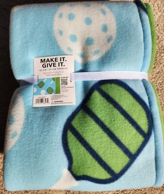 Hand Finished Pickleball Print Fleece Throw Blanket 48" x 60" Light Blue & Green - Image 1 of 4