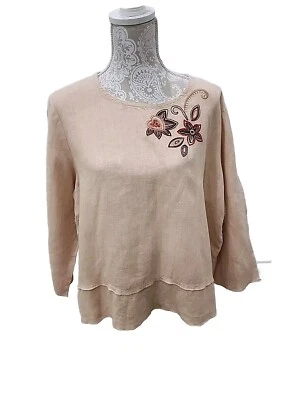 Lo último Blusa Top Algodón Crema Lino Bordada Manga 3/4 Transpirable Para Mujer XL Foto 1 de 4