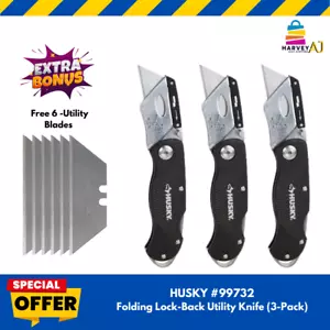Husky 99732 Coltello Utilitario Pieghevole Lock-Back (Confezione da 3) + Bonus Omaggio - Foto 1 di 5