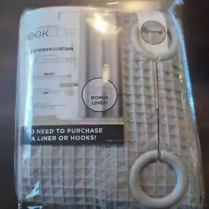 Waffelgrau Hakenlos 3-in-1 Duschvorhang, Flex Ringe + Extra Snap-in Liner Neu - Bild 1 von 4