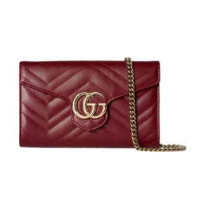 GUCCI GG Marmont $1900 Rosso Ancora Red Leather Chain Wallet New And Authentic - Picture 1 of 5