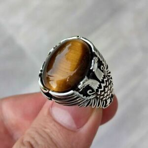 SOLID 925 STERLING SILVER MENS JEWELRY LAB-CREATED TIGER'S EYE EAGLE MEN'S RING