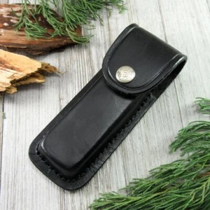 NEW Pocket Knife Sheath Black Genuine Leather Belt Case For 5" Folding Knife - Picture 1 of 11