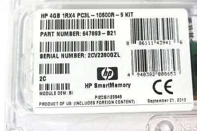 HEWLETT PACKARD 647893-B21 HP 4GB (1x4GB) PC3L-10600 Memory Kit - LOT OF 4  - Image 1 of 4