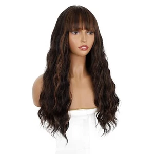 ENTRANCED STYLES Dark Brown Synthetic Wig w/ Bangs & Long Wavy Blonde Highlights - Picture 1 of 10