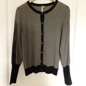 SI-IAE Cashmere and Leather Striped Button Up Cardigan Olive Green Black Size M - Picture 1 of 10
