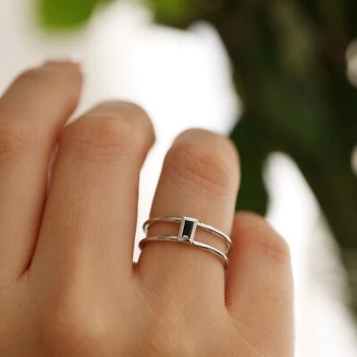 Anillo de boda Baguette de ónix negro con doble banda, alianza de boda de ónix negro 14K Foto 1 de 4