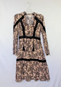 Knox Rose Women’s Small Boho Peasant Long Sleeve Beige Black Paisley Print Dress - Picture 1 of 8