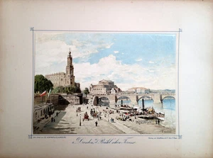 Große farbige Lithographie Dresden "Brühlsche Terrasse", um 1900, 28 x 30 cm - Bild 1 von 1