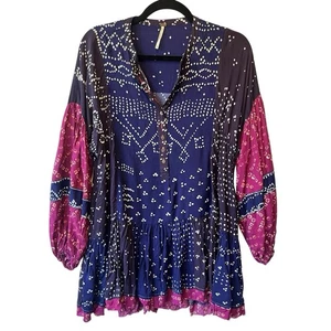 Free People Shibori Mini Vestido Columpio Túnica Blusa XS Mangas Largas Globo Top - Imagen 1 de 10