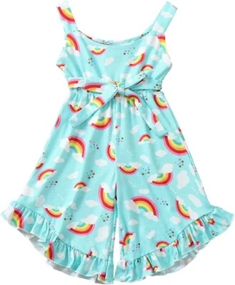 New Boutique Romper Girls 5 Blue Silky Soft Rainbow Wide Leg Sleeveless Ruffle - Image 1 of 2