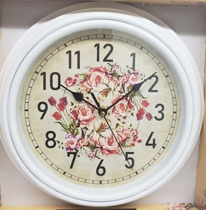 Kitchen Plastic Decorative Wall Clock, 12", COLORFUL FLOWERS, white frame, E&B - Picture 1 of 11