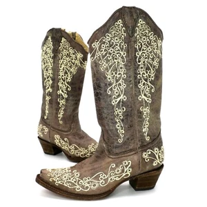 Corral Vintage Brown Crater Bone Embroidery Cowboy Boots A1094 Women's 11M - Picture 1 of 7