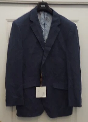 WILLIAM HUNT 男式亚麻-棉海军 HERRINGBONE 2-BUTTON BLAZER 尺码 44 全新带标签  — 第 1/4 张图片