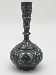 18th C. Indian Bidri Ware Art Vase Bottle Flask Zinc Silver Inlaid Fish & Birds - Picture 1 of 16