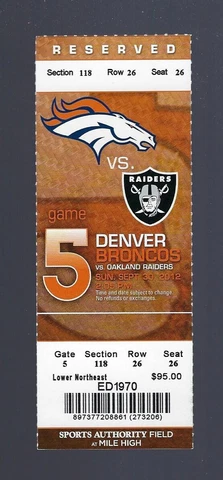 2012 NFL OAKLAND RAIDERS @ DENVER BRONCOS FULL UNUSED FOOTBALL TICKET Cover