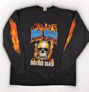 Vintage XL Daytona Beach Bike Week 1999 Long Sleeve Shirt Skull Flames USA Made - Picture 1 of 8
