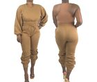 3 Piece Cropped Pullover, Jogger & Bodysuit Set - Camel & Burgundy
