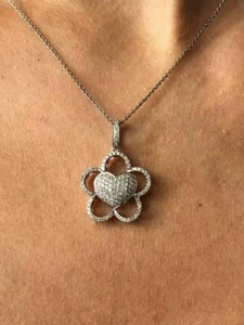 14k Oro Bianco & Naturale Diamanti Unico Forma Cuore Fiore Design Collana 16 " L - Foto 1 di 12