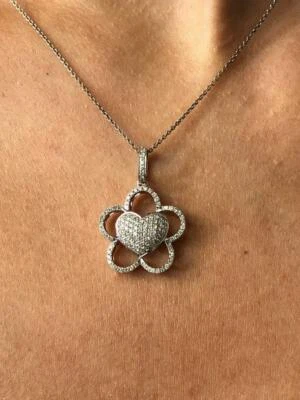14k Oro Bianco & Naturale Diamanti Unico Forma Cuore Fiore Design Collana 16 " L - Immagine 1 di 4