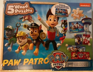 Paw Patrol - 5 Wood Jigsaw Puzzles in Wood Storage Box - Brand New - Sealed - Picture 1 of 2
