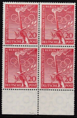 1952 BERLIN (WESTERN SECTORS) OLYMPIC GAMES 20pf MNH BLOCK OF 4- SG B90 Cat £96+ - Image 1 of 2