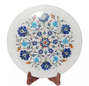12" Marble Serving Plate Round Shape Lpais Inlay Marquetry Fine Designer Gift - Picture 1 of 9