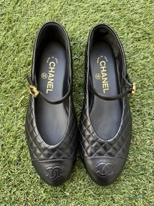 CHANEL CC LOGO CUERO NEGRO MARYJANE BALLET PLANOS HEBILLA DORADA 37/37C DESAJUSTE - Imagen 1 de 14