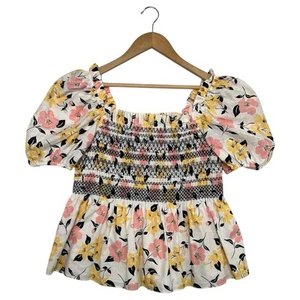Kate Spade Top Womens Large White Floral Lily Blossom Smocked Puff Sleeve Boho - Picture 1 of 12