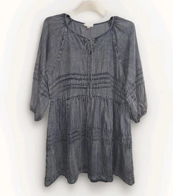 Vestido Boho Campesino Cambray Caballete Los Angeles Tencel Azul Manga Abullonada en Niveles L Foto 1 de 4