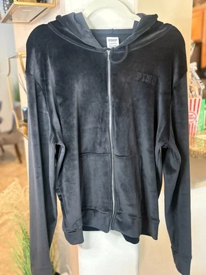Victoria's Secret PINK Velour Full-Zip Jacket Black Size XL 10-14 - Image 1 of 4