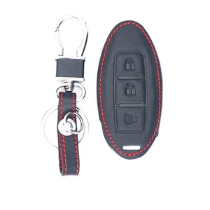 Black Leather For Nissan Infiniti 3 Buttons Remote Smart Key Chain Cover Case - Picture 1 of 5