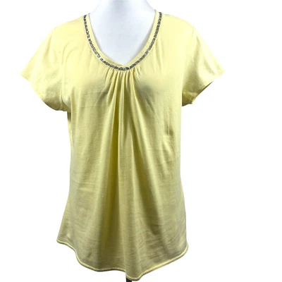 Route 66 Top Women Large Butter Yellow Short Sleeve Embellished V-Neck Classic - Image 1 of 4