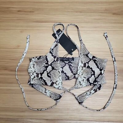 Top de bikini Nasty Gal para mujer blanco negro estampado de serpiente cortado corbata talla 2 Foto 1 de 4