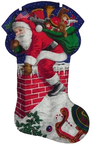 Vintage Christmas Stocking shaped wall hanging Santa climbing in chimney - Picture 1 of 5